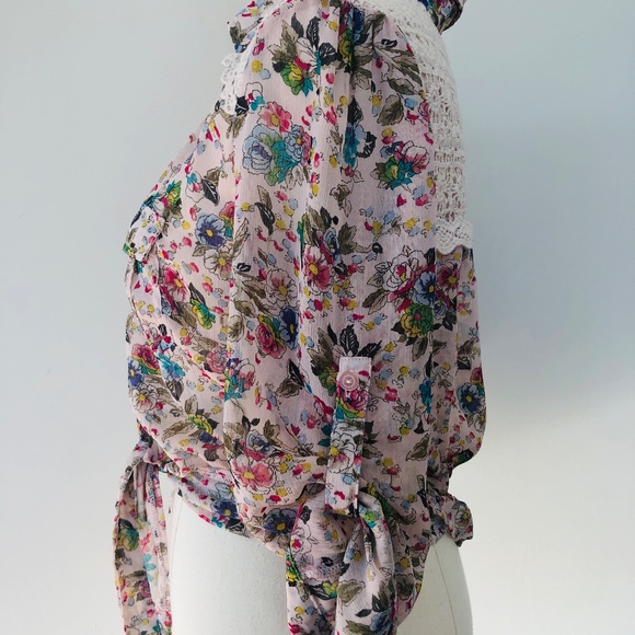 Blouse Sheer Pink Floral AMERICAN RAG Roll Up Sleeves Large - Picture 6 of 9